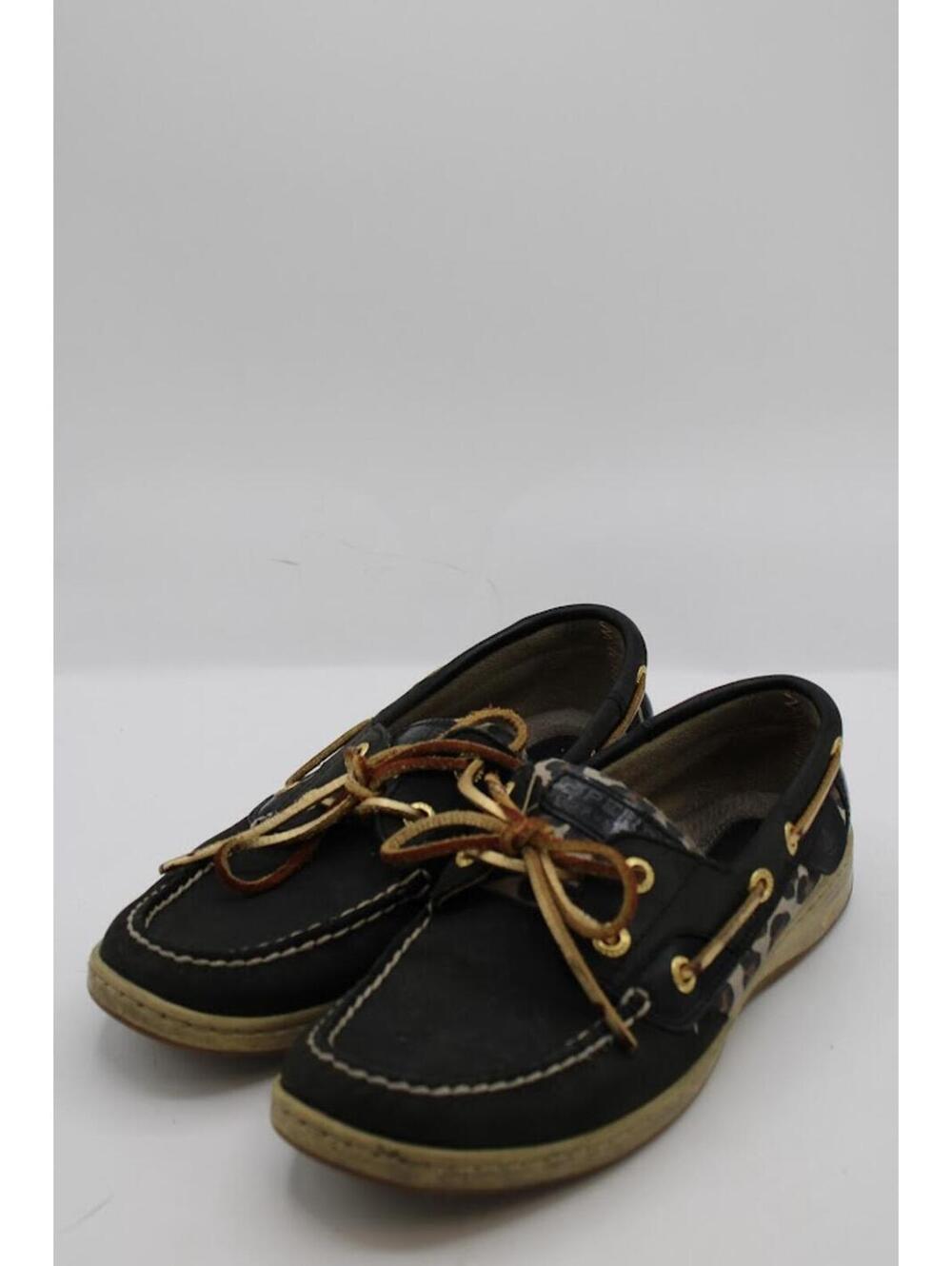 Sperry Black Cheetah Leather Boat Shoes Flats Slip On Women's Size 6M